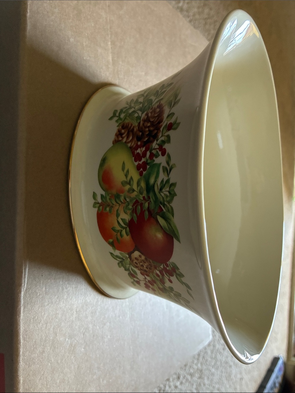Cream Porcelain Floral Fruit Cachepot with Gold Trim